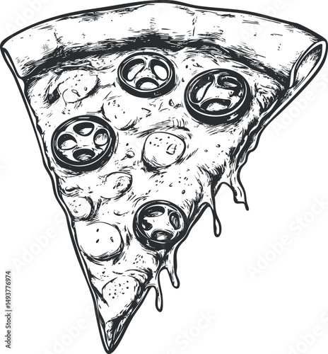 Hand-drawn black and white illustration of a single slice of pepperoni pizza with melted cheese and crust
