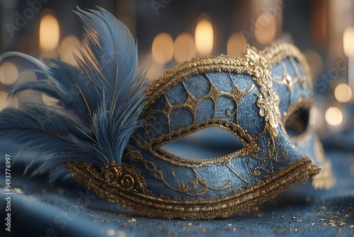 Elegant Blue Masquerade Mask With Feather Details on Soft Textured Background