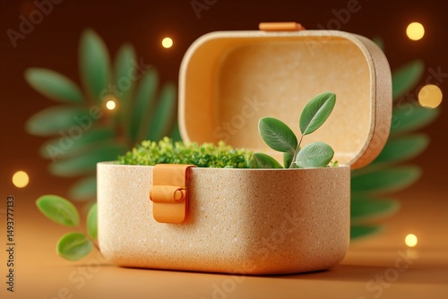 Open lunchbox with greenery and leafy plant