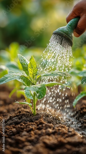 Watering Young Plants in a Lush Garden During Bright Daylight
