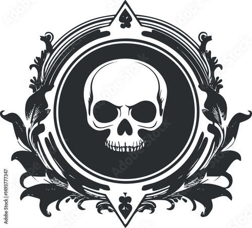 Black and white vintage ornamental design featuring a human skull inside a circular frame with decorative floral elements