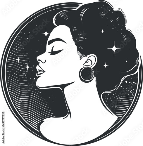 Black and white vector illustration of an elegant woman profile with closed eyes and earrings in a circular frame with star accents.