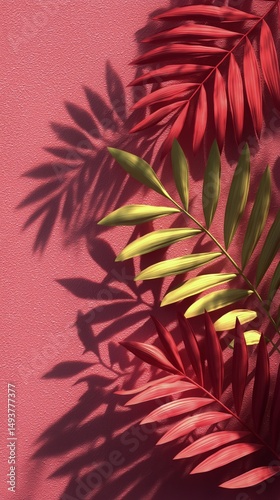 Colorful Leaves Cast Shadows on a Pink Wall During the Afternoon Light in a Vibrant Setting