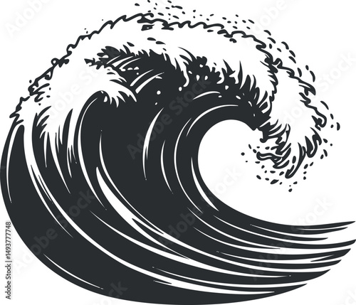Black and white illustration of a powerful ocean wave curling and splashing with dynamic motion