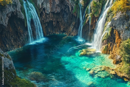 Waterfall cascading into a serene body of water surrounded by lush green vegetation