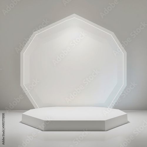 Minimalist white octagonal podium and backdrop for product display or presentation on neutral background