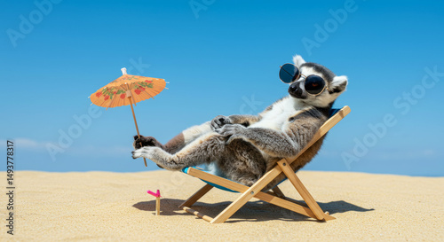 Lemur relaxing on a beach chair under a colorful umbrella, wearing sunglasses, enjoying a sunny day on the sandy beach, embodying a carefree summer vibe and leisure lifestyle	