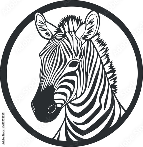 Black and white stylized illustration of a zebra head inside a circle, showing detailed stripes and mane.