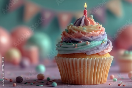 Colorful Cupcake With Swirled Icing and Candle at a Celebratory Gathering