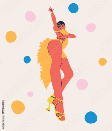 Woman in elegant dress in dance movement. Classic retro choreography performance. Flat vector illustration isolated on light backgroun. Perfect for posters, event flyers, dance school brochures.
