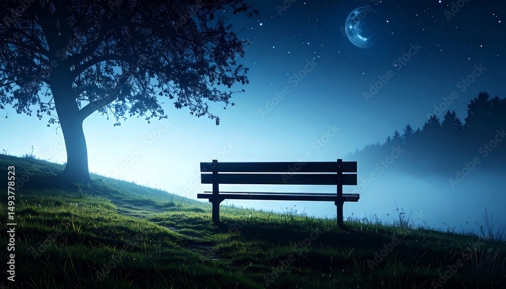 Tranquil evening scene with a bench under a tree, moonlit sky, and misty forest backdrop. Tranquil evening scene with a bench under a tree, moonlit sky, and misty forest backdrop.