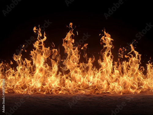 Black background, blazing fire.