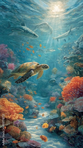 Colorful Coral Reef With a Sea Turtle Swimming Among Vibrant Fish and Sunligh...