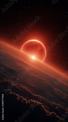 Sunrise Over a Distant Planet With a Dramatic Red Glow in the Vast Universe