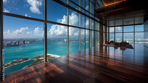 This spacious penthouse living room features floor-to-ceiling windows offering breathtaking views of a vibrant coastal city and sparkling blue waters