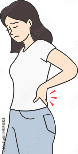 Young woman expresses severe pain in her lower back