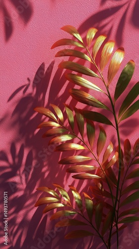 Shadows of Lush Foliage Against a Vibrant Pink Wall Create a Striking Visual ...