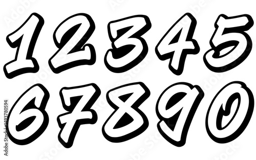 Graffiti style numbers from 0 to 9, vector hand drawn white graffiti numbers with shadow, handwritten number set