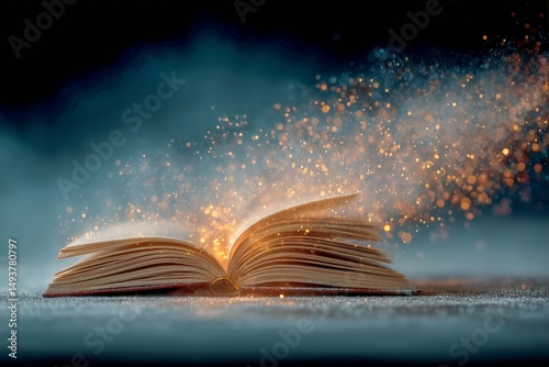 Magical Book With Shimmering Pages Releases Golden Sparkles in a Serene Blue ...