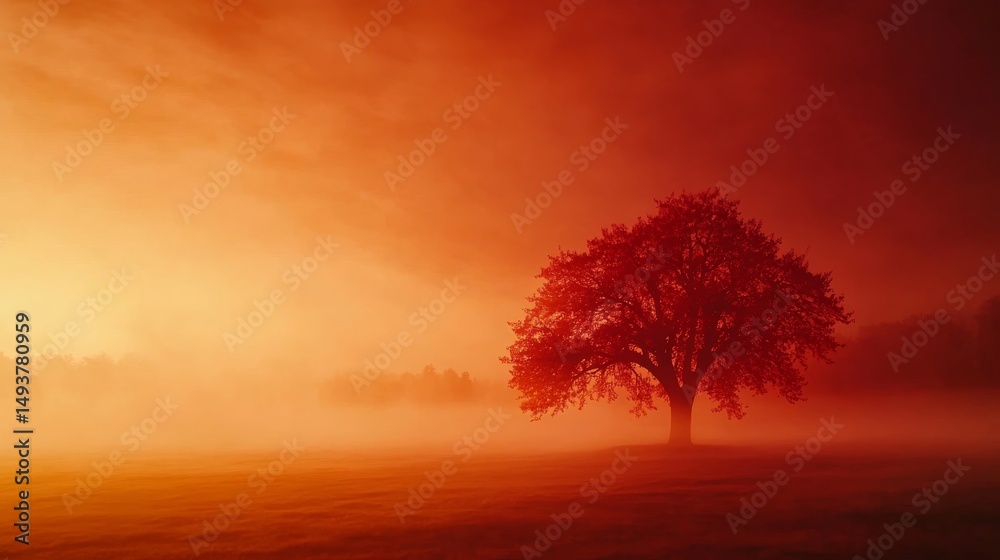 Obraz premium A solitary maple tree stands amidst a fog-covered field, showcasing fiery orange and crimson leaves as golden light breaks through the mist at dawn