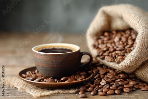 Freshly Brewed Coffee in a Rustic Setting With Roasted Beans and Burlap Sack