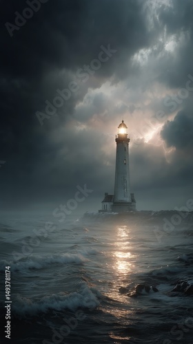 Lighthouse Illuminated by Lightning on a Stormy Evening Near the Coast