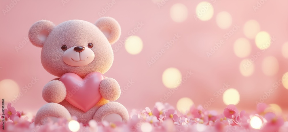 Obraz premium Cute teddy bear holding heart surrounded by flowers and soft bokeh background