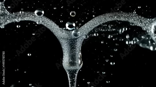 Water splash creating dynamic shapes with droplets suspended in air against a black background