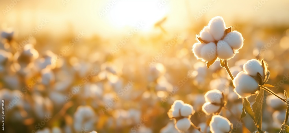 Fototapeta premium Cotton field at sunset with soft blooms illuminated by golden light