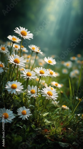 Wild Daisies Bloom Under Soft Sunlight in a Tranquil Meadow During Spring