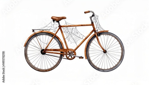 Watercolor illustration of an old rusty bicycle with spiderwebs, perfect for Halloween designs