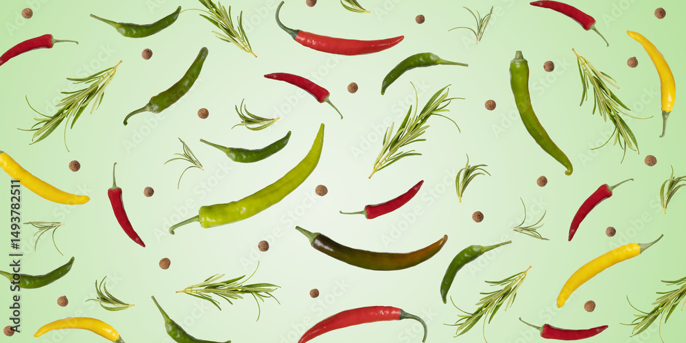 Obraz premium Bright summer green background of colorful hot pepper, rosemary and peppercorn seasoning. Healthy food, fresh healthy vegetables