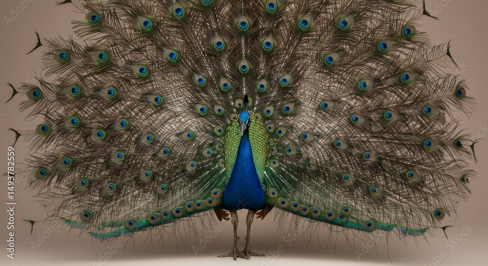 Obraz premium Majestic Peacock Display - A vibrant peacock with its feathers fully spread, showcasing intricate details and iridescent colors against a beige background