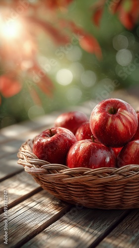 Fresh Red Apples in a Basket on a Wooden Table Surrounded by Nature During Au...