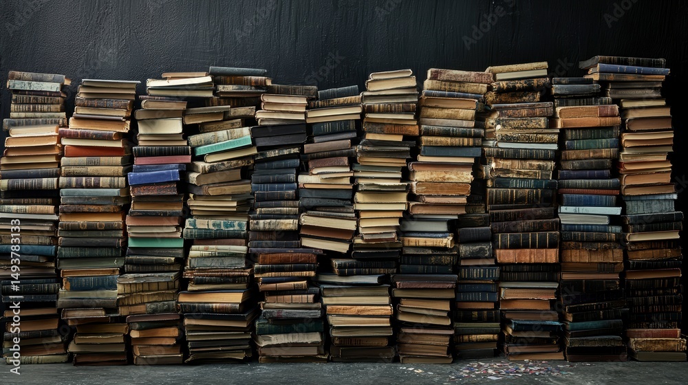 A large collection of antique books stacked against a dark background.