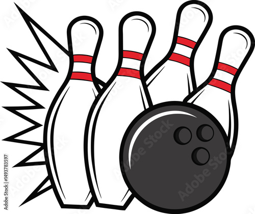Bowling Ball Striking Pins Cartoon Illustration Graphic Design