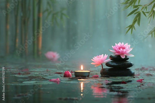 Peaceful Water Garden With Lotus Flowers and Candles at Dusk
