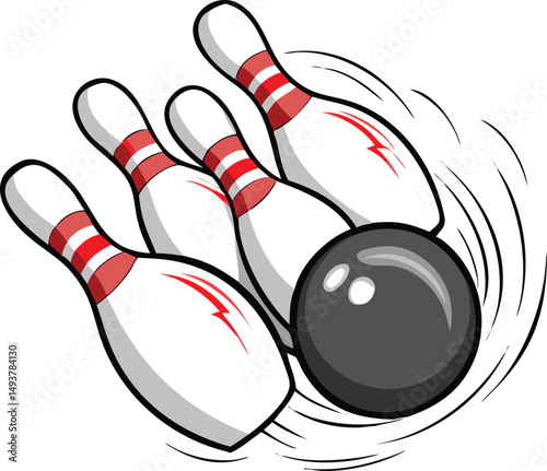 Bowling Ball Striking Down Four Pins in Dynamic Action Cartoon Illustration