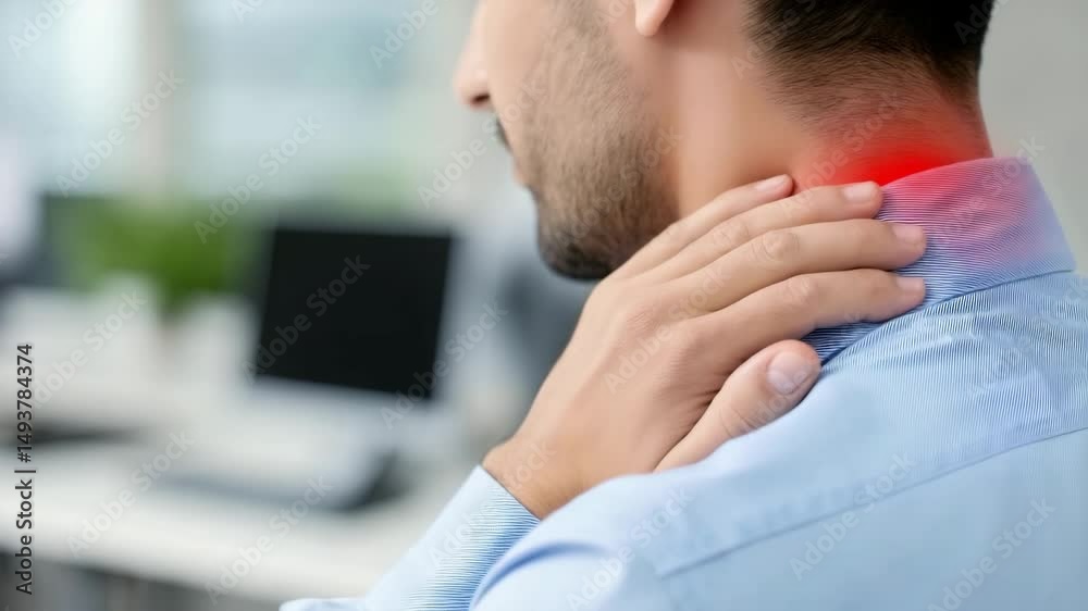 Male office worker touching sore neck in pain with red inflammation area.