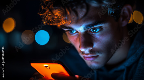 Young Man With Serious Expression Illuminated By Smartphone Glow Against Night City Lights
