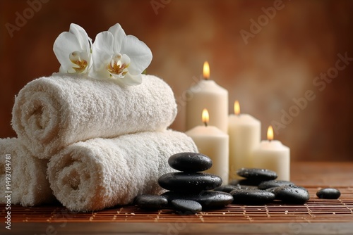 Relaxing Spa Setting With Towels, Candles, Stones, and Flowers for a Calming ...