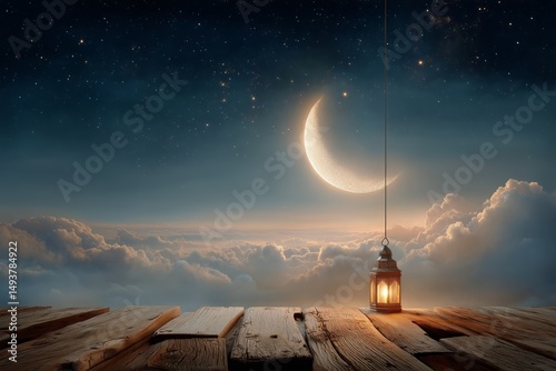Moonlit Night With Lantern Hanging Over Clouds and Stars Shining Brightly
