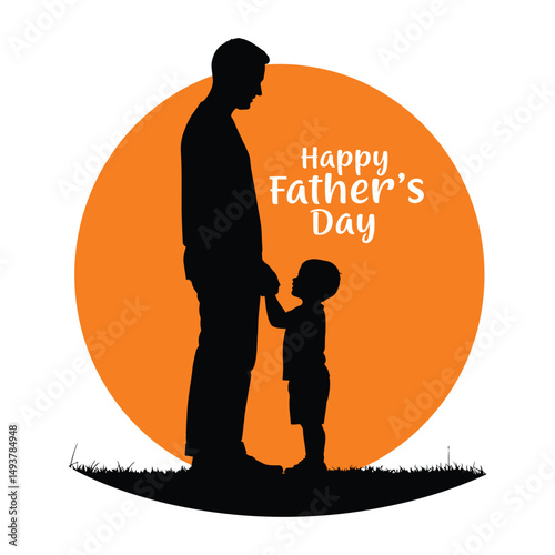 family scene with an orange moon or sun backdrop is perfect for holiday designs, cards, posters, and banners. It features a silhouette of a dad and his son with the words 'Happy Father's Day