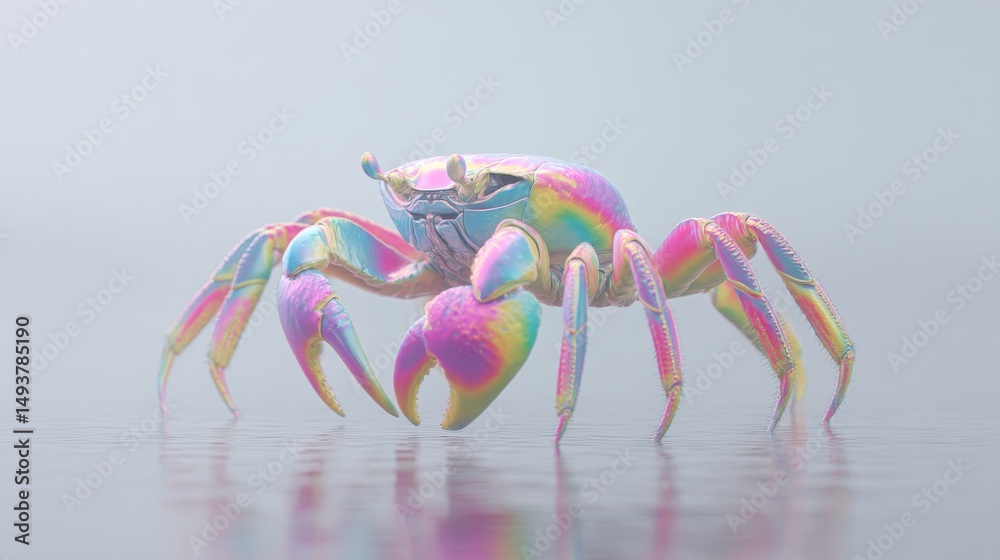 Fototapeta premium A colorful crab with an iridescent shell walking on a calm surface.