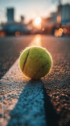 Bright Yellow Tennis Ball Resting on a Sunlit Street During Golden Hour