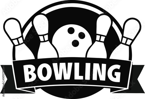 Bowling emblem design with pins and ball in a circle with ribbon banner