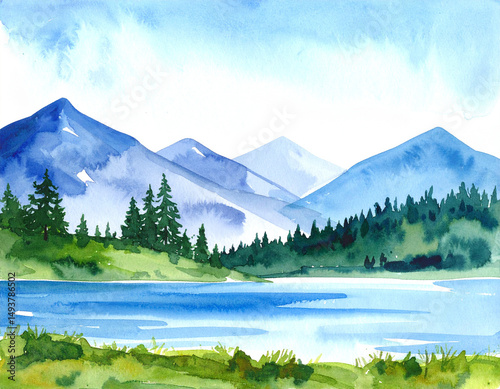 Watercolor mountain landscape with lake and forest