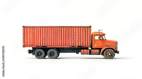 orange semi truck, 18 wheeler, cargo container, industrial transport, logistics, freight shipping, commercial vehicle, side view, isolated on white background