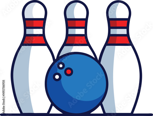 Three Bowling Pins and a Bowling Ball Illustration Simple Design