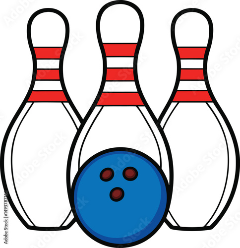 Three Bowling Pins and a Blue Bowling Ball Cartoon Illustration